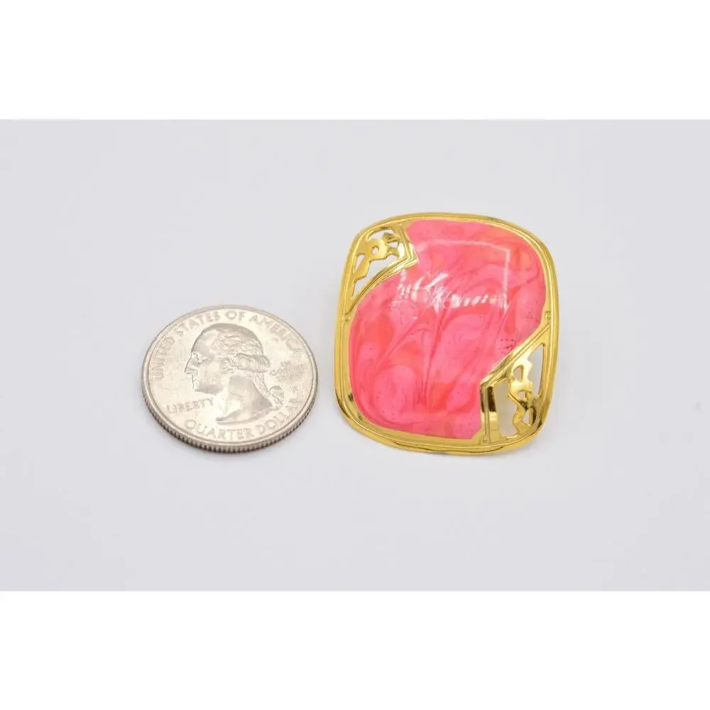 Vintage Chunky Pierced Earrings Gold Metal Pink Enamel Square 1980s BinAA